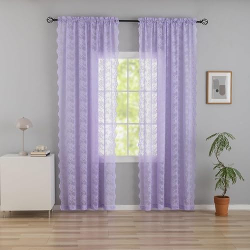 YJ YANJUN Violette Spitzenvorhänge, 90 Tropfen, Netzvorhang für Türen oder Terrasse, Boho, durchscheinende Vorhänge, County-Themen-Dekor, 132 x 229 cm, Lavendel von YJ YANJUN