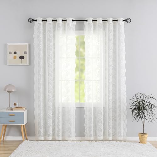 YJ YANJUN Vorhänge Beige Voile Blumen Stickerei Vorhänge mit Ösen Transparent Spitzenvorhänge Boho Gardinen Schal Dekorativer Schal für Wohnzimmer Schlafzimmer 140x245(B*H) cm 2er-Set Beige von YJ YANJUN