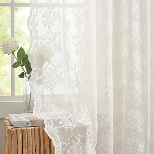 YJ YANJUN Vorhang Beige Modern 2er Set Vorhänge mit Blumen Kurz Transparent Vintage Gardinen Spitze Fenster Schal mit Ösen küchengardinen Schal für Schlafzimmer Kinderzimmer 140x145(B*H) cm Beige von YJ YANJUN