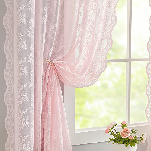YJ Yanjun Transparente rosa Vorhänge für Mädchenzimmer, Vintage-Stil, Hellrosa, florales Spitzenmuster, Kurze Fenstervorhänge, 160 cm Länge, Prinzessinnenzimmer, Mädchenzimmer, von YJ YANJUN