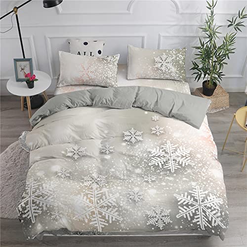 Beige Weihnachten Bettwäsche Schneeflocke Bettbezug Set Weiße Schneeflocke Printed Design Mädchen Aldult Tröster Set für Ferienzimmer Dekor,Einzel2Stk(135x200) von YJDCX