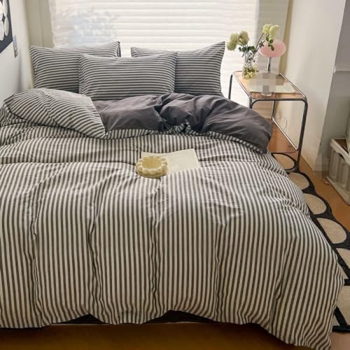 Grau Gestreifter Bettbezug 240x220cm Weiß Gestreiftes Geometrisches Bettwäscheset für Damen Und Herren Im Japanischen Stil Moderne Einfache Bettgarnituren Mit Kissenbezügen,Super King(240x220cm) von YJDCX