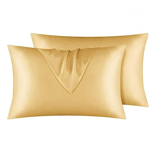 Satin Kissenbezüge,2Er Pack,Seidige Satin Kissenbezüge Mit Hotelverschluss,Superweicher,Atmungsaktiver Kissenbezug für Haar Und Haut,Gold,King (50x90cm) von YJDCX