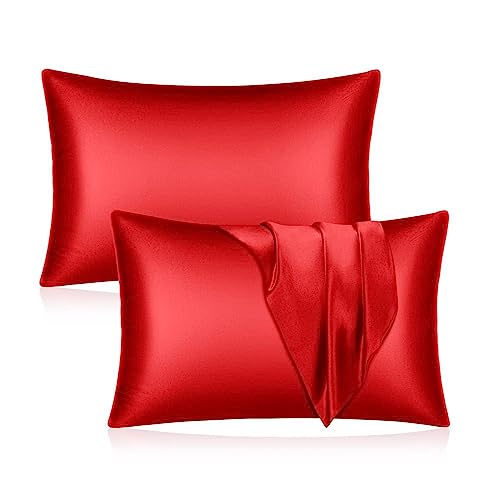 Satin Kissenbezug für Haare Und Haut,2Er Pack,Burgunderrot,Seidige Satin Kissenbezüge,Weich,Bequem,Atmungsaktiv,Anti Falten Kissenbezug Mit Hotelverschluss,Rot,King (50x90cm) von YJDCX