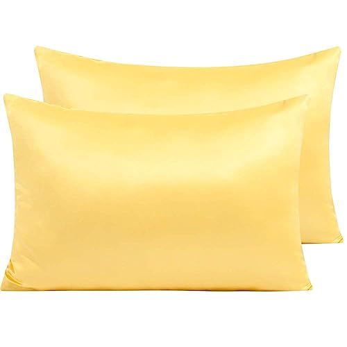 Seidige Satin Kissenbezüge,2Er Pack,Satin Kissenbezüge für Haare Und Haut,Luxuriöser,Weicher,Bequemer Kissenbezug,Standardgröße Mit Hotelverschluss,Kissenbezüge 50x75 cm,Gelb,Queen von YJDCX