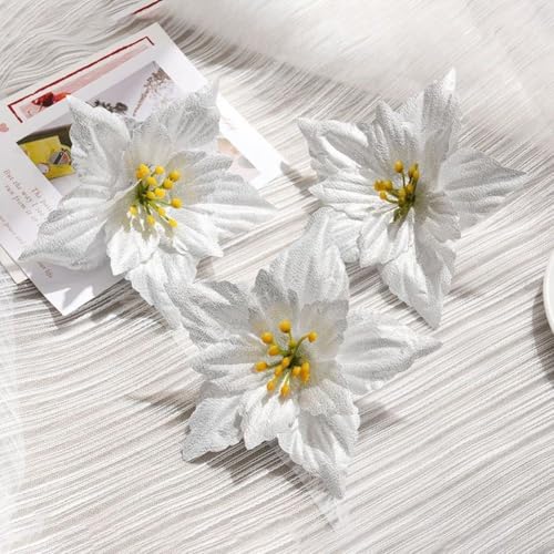 10 Stück Weihnachtsblumen-Dekorationen für Bäume und Kränze Urlaub Party Ornamente saisonales Haus und Garten Akzent-Set (weiß) von YJDOORPLAY