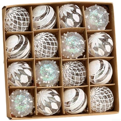 16-teiliges Weihnachtskugel-Set mit leichtem PET-Material und handbemalten metallischen Details für traditionelle Baumschmuck und festliche Dekorationen (weiß) von YJDOORPLAY