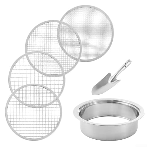 Bodensieb Edelstahl Rätselsieb Set für Gartenarbeit mit 4 Größen 30,5 cm Durchmesser 3/6/9/12 mm austauschbare Maschen – Gartensiebe mit Schaufel – Pflanzerde Sieb Stämme von YJDOORPLAY