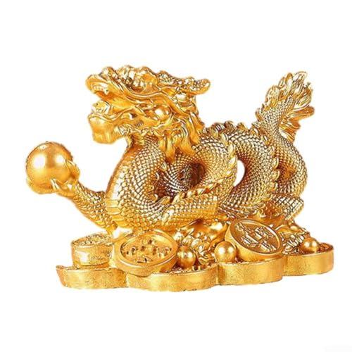 Chinesischer Drachenfigur aus Kunstharz, Feng Shui, Ornament für Schreibtisch oder Regal, mit Symbolik des Wohlstands (Gold S) von YJDOORPLAY