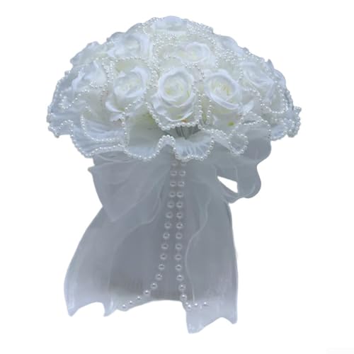 Hochzeits-Rosenstrauß, künstliche Blumen für Bräute, Outdoor-Zeremonie, Antrag, Veranstaltung, Stoffmaterial, leicht, handgehaltene Perlen-Netzsträuße (milchig weiß) von YJDOORPLAY