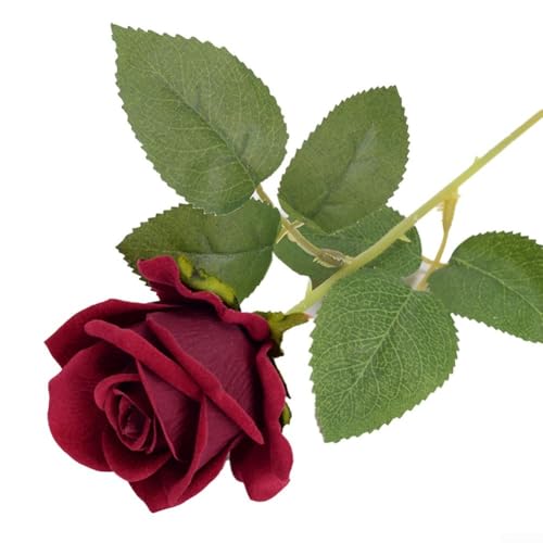 Künstliche Samt-Rose, einzelner Stiel, 51,8 cm, lebensechte Seiden-Hochzeitsblumen für Zuhause, Garten, Brautarrangements, Büro-Display (weinrot) von YJDOORPLAY