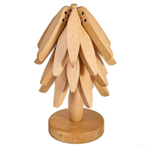 Untersetzer-Set aus Holz in Baumform mit Ständer, hitzebeständige Geschirrmatten und Untersetzer, selbstaufklappbare Pads für heiße Töpfe und Pfannen, rustikale Küchen- und von YJDOORPLAY