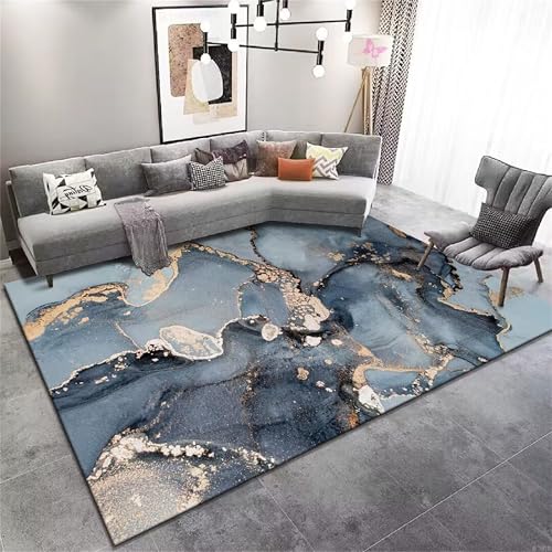 Moderner Abstrakter Teppich Marineblau-Gold 160x200cm - Rutschfester Flächenteppich & Maschinenwaschbar - Kurzflor für Wohnzimmer, Schlafzimmer & mehr - Weich, Strapazierfähig & Haustierfreundlich von YJDRUG
