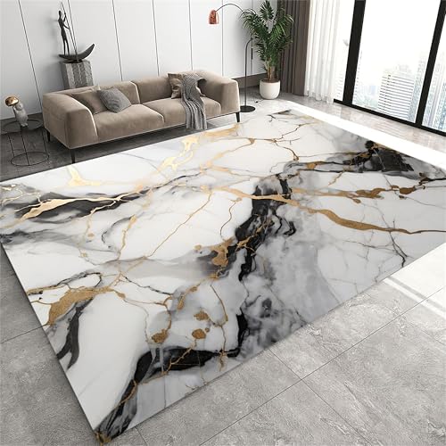 YJDRUG 70x140cm Moderner Weiß-Schwarz Marmor Effekt Teppich mit Goldadern - rutschfest & Maschinenwaschbar - Weicher Kurzflor für Wohn-/Schlaf-/Esszimmer von YJDRUG