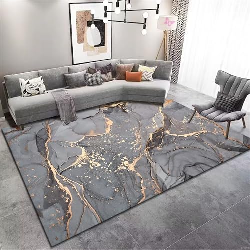 YJDRUG Grau-Gold Marmor Design Läuferteppich 180x230cm - Luxus Weicher Kinderteppich für Wohnzimmer/Schlafzimmer/Homeoffice - Modernes Wohndesign - rutschfeste Maschinenwaschbare Ausführung von YJDRUG