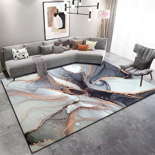 YJDRUG Graublauer Abstract Teppich mit Goldadern 140x200cm - Rutschfester Waschbarer Kurzflor für Wohnzimmer/Schlafzimmer/Küche - Moderne Kunst Dekomatte von YJDRUG