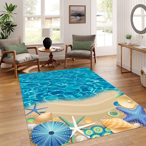 YJDRUG Küsten Seestern Gedruckter Teppich 160x230cm, Blaues Tropisches Strand Design, rutschfest Waschbarer Weicher Teppich für Wohnzimmer, Schlafzimmer & Flur - Moderner Ozean Themen Haus Deko von YJDRUG