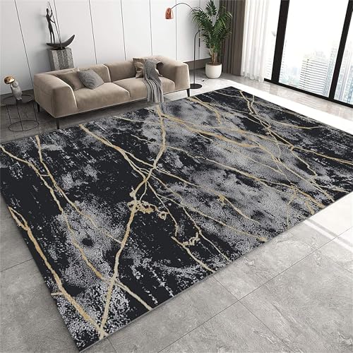 YJDRUG Marmor Design Teppich 160x230cm - Schwarz-Gold Abstract - rutschfest Maschinenwaschbar Kurzflor für Wohnzimmer/Schlafzimmer/Flur von YJDRUG