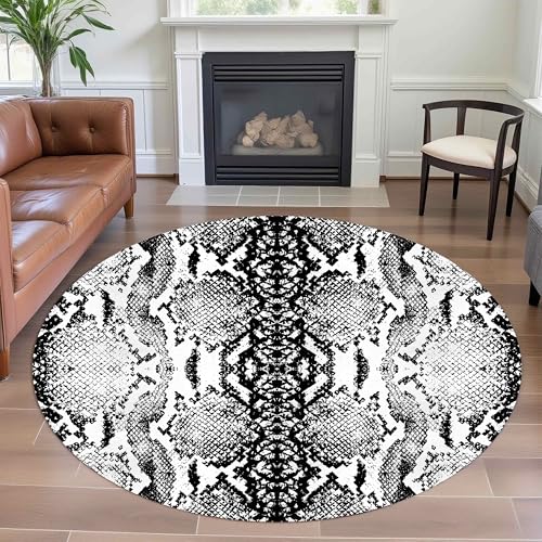 YJDRUG Maschinenwaschbarer Runder Teppich 180cm, rutschfeste weiche Schlafzimmer-Matte, Schlangenmuster Design in Schwarz Weiß für Wohnzimmer, Wohnheim, Kinderzimmer & Flur von YJDRUG