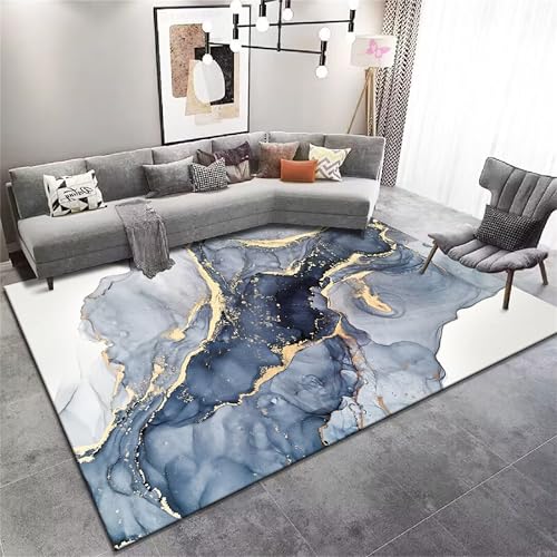 YJDRUG Moderner Blau-Weiß-Gold Marmor Teppich 120x180cm - Abstract Flauschteppich mit Rutschstopper - Leicht zu Reinigen für Wohn-/Schlafzimmer von YJDRUG
