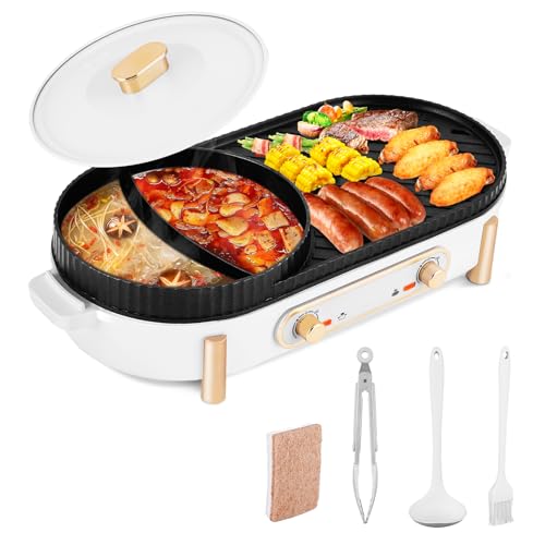 YJINGRUI Elektrischer Hot Pot 2200W Elektrogrill Hot Pot Grill 2 in 1 Hotpot Topf und Grillplatte mit 2 unabhängiger Temperaturregelung für 3-12 Personen von YJINGRUI
