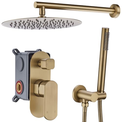 Gebürstetes Gold Messing Badezimmer Rund 30,5 cm Durchmesser Messing Duschsystem Wasserhahn Set mit verdecktem 2-Wege-Umsteller Mix Ventil Wasserhahn Kit Gebürstetes Gold Messing Badezimmer Rund 30,5 cm Durchmesser Messing Duschsystem Wasserhahn Set mit verdecktem 2-Wege-Umsteller Mix Ventil Wasserhahn Kit von YJROOMS