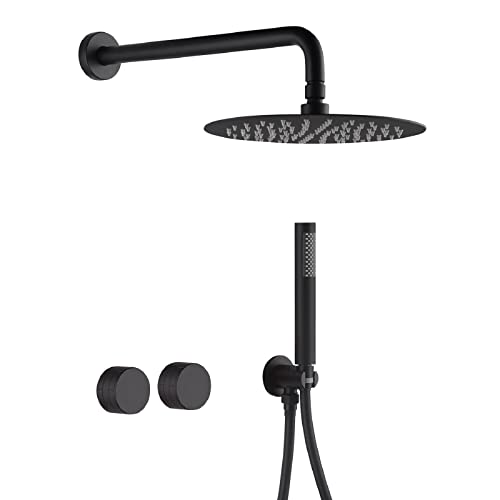 Rundes Badezimmer-Duschsystem-Set, verdecktes Messing, 30,5 cm, Regenduschsystem-Set mit Handbrause, 2 Funktionen, Duschmischventil, mattschwarz Rundes Badezimmer-Duschsystem-Set, verdecktes Messing, 30,5 cm, Regenduschsystem-Set mit Handbrause, 2 Funktionen, Duschmischventil, mattschwarz von YJROOMS