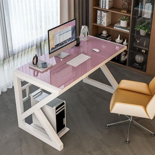 YJSGNMZA Stabiler Glas-Schreibtisch – stilvolles Design für Büro, Studium und Gaming-Arbeitsplatz – verschönert den Arbeitsplatz mit langlebiger, eleganter Glasoberfläche (rosa + weißer Rahmen, 120 cm von YJSGNMZA
