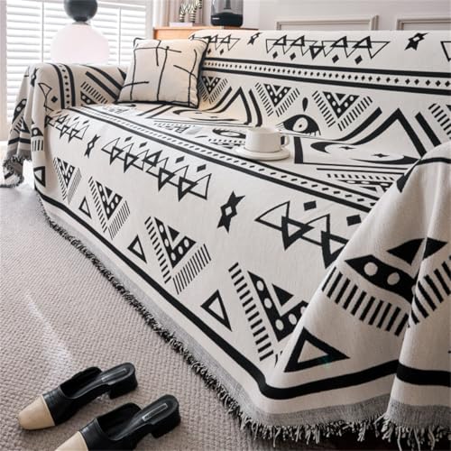 Bohemian Sofabezug Weiche Chenille Sofa üBerzug FüR 1 2 3 4 Sitzer L Form SofaüBerwurf Ecksofa Couch üBerzug,Universelle Anti Rutsch Hund Katze Sofa Cover,Star,Line,Blanket,Decke (Schwarz,180x420cm) von YJSZY
