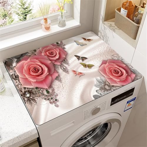 Waschmaschinenauflage,Waschmaschinen Staubschutz,Abdeckung FüR Waschmaschine,KüHlschrank Waschmaschinenabdeckung,Waschmaschine StaubschutzhüLle,KüChe, Bad,Teppich (Rosa Blumen,60 x60 cm) von YJSZY