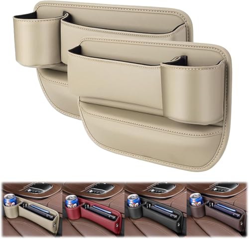 YJTYC Autositz Gap Aufbewahrungsbox aus PU-Leder für VW Golf Ⅷ Variant (CD) 2020-2021 2022 2023+, Autositz Konsole Seitentaschen,Autositz LüCkenfüLler Organizer FüR Lagerung.,Beige von YJTYC