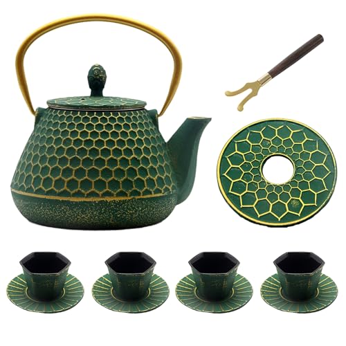Teekessel-Set aus Gusseisen, sechseckiges Muster, Teekannen-Set mit Tassen und Tassen-Matten, Teekanne beschichtet mit emaillierter Innenseite, langlebiges Gusseisen-Teekannen-Set mit von YJX