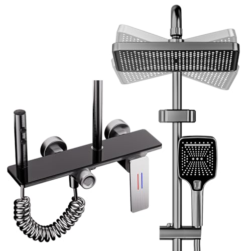 YJYAJIE Regendusche mit Armatur Schwarz, Duscharmatur Komplettset mit 4 Betriebsarten, Handbrause, Duschpistole & Wannenarmatur, Edelstahl Dusche Komplett für Badzimmer von YJYAJIE