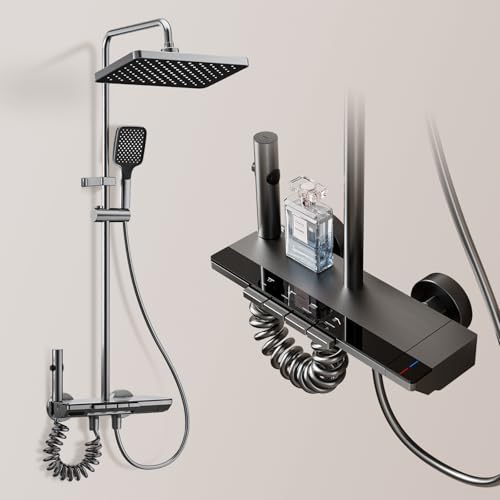 Regendusche mit Armatur Set, Duscharmatur Komplettset - Quadratischem Duschkopf, Handbrause, konzentriertem Strahl und Wannenarmatur, Verstellbarer HöHe von YJYAJIE