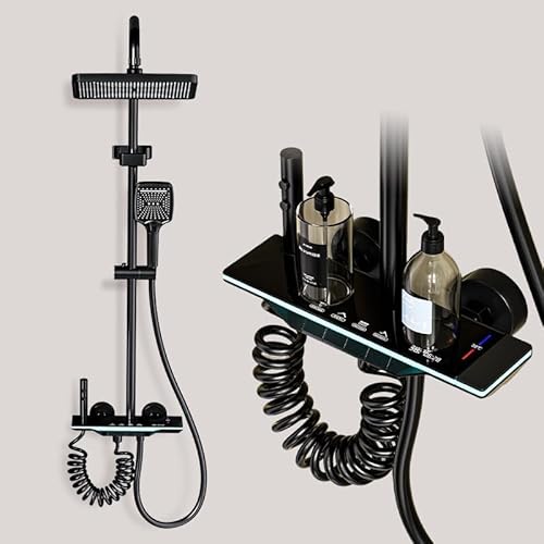 YJYAJIE Duscharmatur Komplettset Schwarz, LED Digitalanzeige Regendusche mit Armatur, Quadratische Regendusche 31x20cm, Handbrause, Konzentriertem Strahl und Wasserfall Wannenauslauf von YJYAJIE