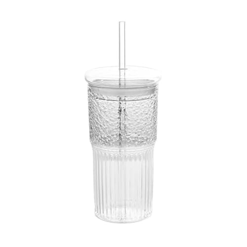 YJYJY 600 ml Glas mit Deckel, Strohhalm, Milchkaffeetasse, transparent gestreifter Trinkbecher für Wasser und Tee von YJYJY