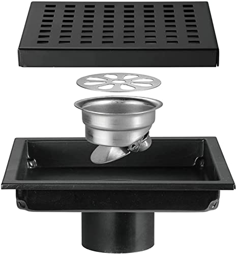YJYKXP Quadratischer Duschbodenablauf 15,2 cm, Bodenablauf mit abnehmbarem Rost, Haarfänger, SUS 304 Edelstahl Duschablauf, Duschablaufabdeckung für Badezimmer, Schwarz von YJYKXP