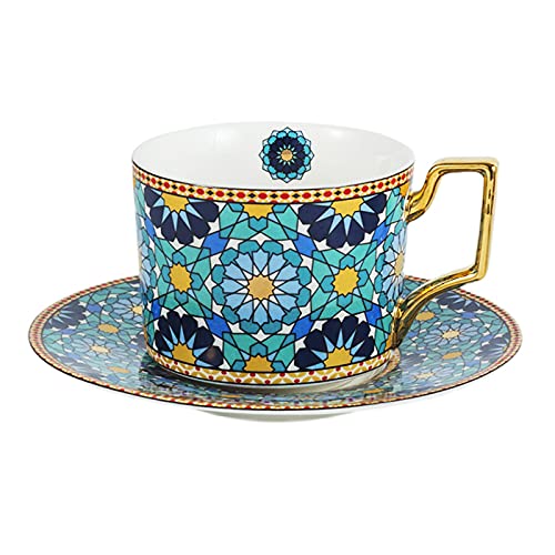 Keramik Kaffeetasse und Untertasse Set Teetasse Teebecher Kreatives Marokkanischer Stil Kaffeebecher Tee Becher mit Henkel Teetassen Hitzebeständige Tasse für Büro Hause von YJZQ