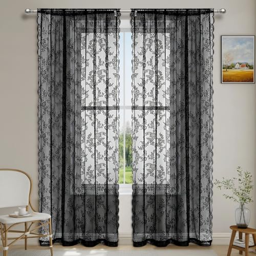 2 Stück Spitze Vorhang Gardinenschal Blumen Muster Gardinen Transluzente Vintage Romantisch Dekoschal Ösenvorhänge Tüllvorhänge Fensterschal für Wohnzimmer Schlafzimmer -150x200cm(BxL),Schwarz von YKAFADE