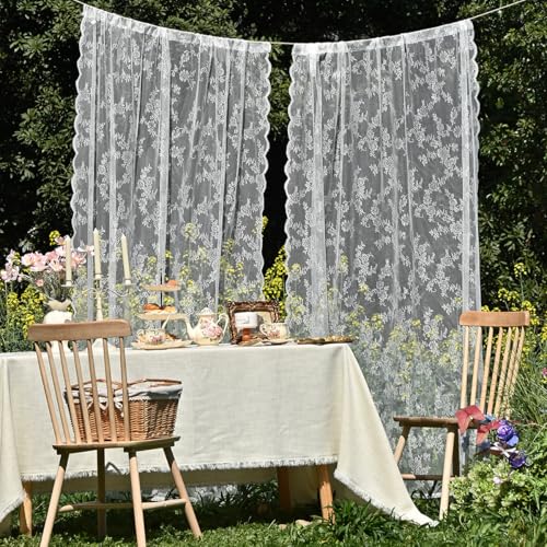 YKAFADE 2 Stück Spitze Vorhang Gardinenschal Blumen Muster Gardinen Transluzente Vintage Romantisch Dekoschal Ösenvorhänge Tüllvorhänge Fensterschal für Wohnzimmer Schlafzimmer -75x100cm(BxL),Weiße von YKAFADE