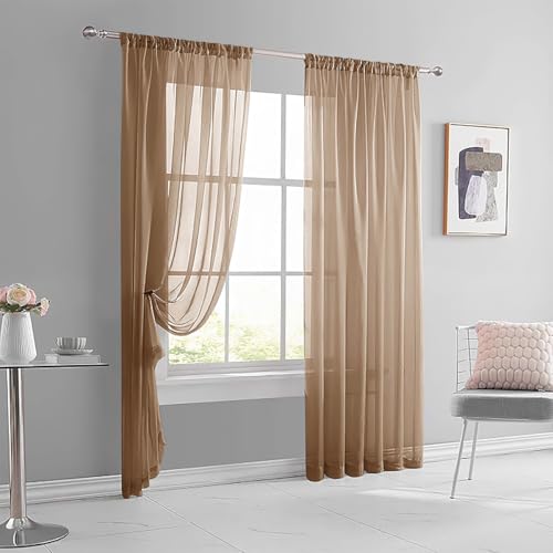 YKAFADE 2 Stück Vorhänge Gardine Wohnzimmer Gardine Halbtransparent Vorhang Voile Einfarbig Stangendurchzug Wohnzimmer Luftig Dekoschal für Schlafzimmer Deko Schiebevorhänge,100x250cm(BxL),Braun von YKAFADE