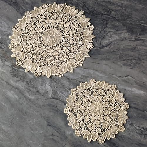 YKAFADE 4 Stück 25cm Runde Beige Bestickte Tischmatte,Handgefertigt Tischset Geklöppelt Spitzendeckchen Häkeldeckchen Tischläufer Vintage Tischdeckchen Untersetzer für Küche Esszimmer Party Hochzeit von YKAFADE