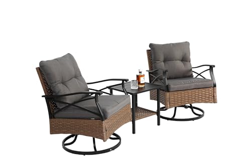 YKANYN Outdoor Swivel Rocker Chairs Set 3 Piece with 1 Table and 2 Rocking & Swivel Chairs Support 350lbs Brown Wicker Outdoor Furniture Patio Conversation Set von YKANYN