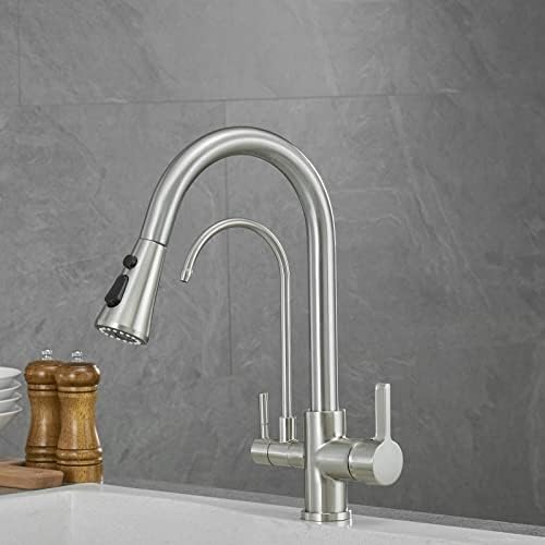 3 -Wege -Spülbeckenmixer -Hahn - Wasserhahn mit hohem Lichtbogen mit Auszugsschlauch, zwei Griffen, 360 ° rotierbarem Wasserfilter -Hahn in schwarzem und gebürstetem Nickel, perfekt für moderne von YKCITSQTR