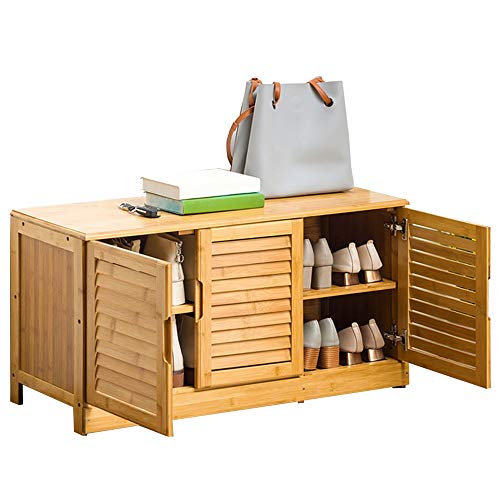 YKCITSQTR Bambusschuh -Bank -Schuhschrank 2 -stöckige Schuhgepäckträger mit Louver -Türdesign für Schlafzimmer, Flure, Badezimmer - Gewichtskapazität 150 kg von YKCITSQTR