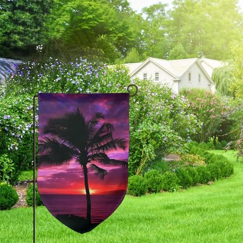 Gartenflagge mit Palmenmotiv, violett, Sonnenuntergang, doppelseitig, 45,7 x 32 cm, Urlaubsbanner, Partyflagge, alle Jahreszeiten, Willkommensflagge für den Außenbereich, Bauernhaus-Dekoration, von YKEBDFW