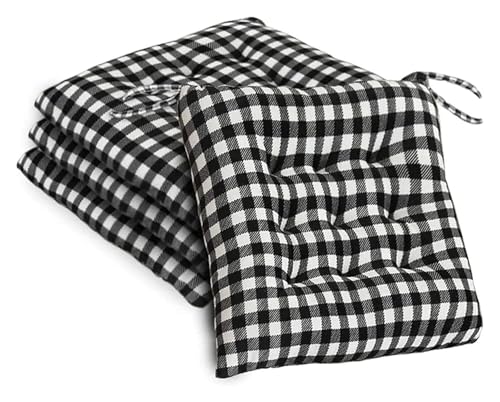 Stuhlpolster, Karierte Stuhlkissen for Esszimmerstühle, 4er-Set, Sitzkissen mit Bändern, 40,6 x, cm, for Küche, Außenbereich, Terrasse(Black) von YKJGRTF
