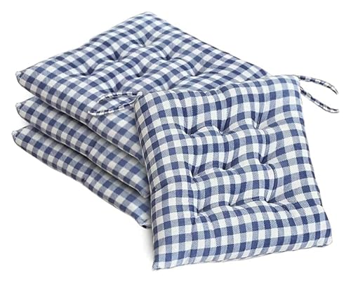 Stuhlpolster, Karierte Stuhlkissen for Esszimmerstühle, 4er-Set, Sitzkissen mit Bändern, 40,6 x, cm, for Küche, Außenbereich, Terrasse(Blue) von YKJGRTF