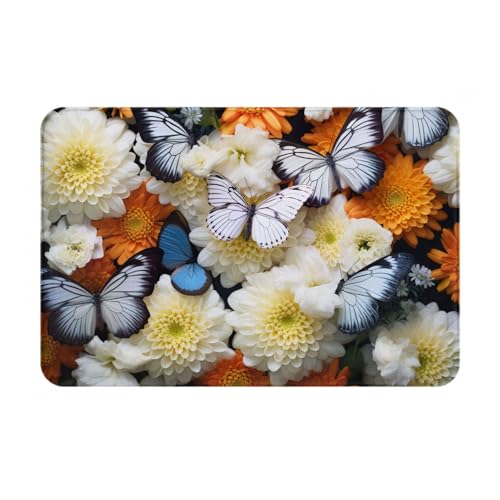 YKJJFVZ Fußmatte mit weißem Blumenmuster, bunte Schmetterlinge, für den Innen- und Außenbereich, Willkommensmatte mit Flanellstoff von YKJJFVZ