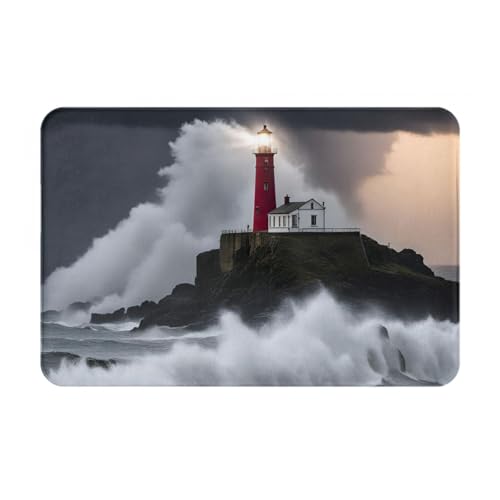 YKJJFVZ Türteppich mit Leuchtturm im Sturm, für den Innen- und Außenbereich, Willkommensmatte mit Flanellstoff von YKJJFVZ